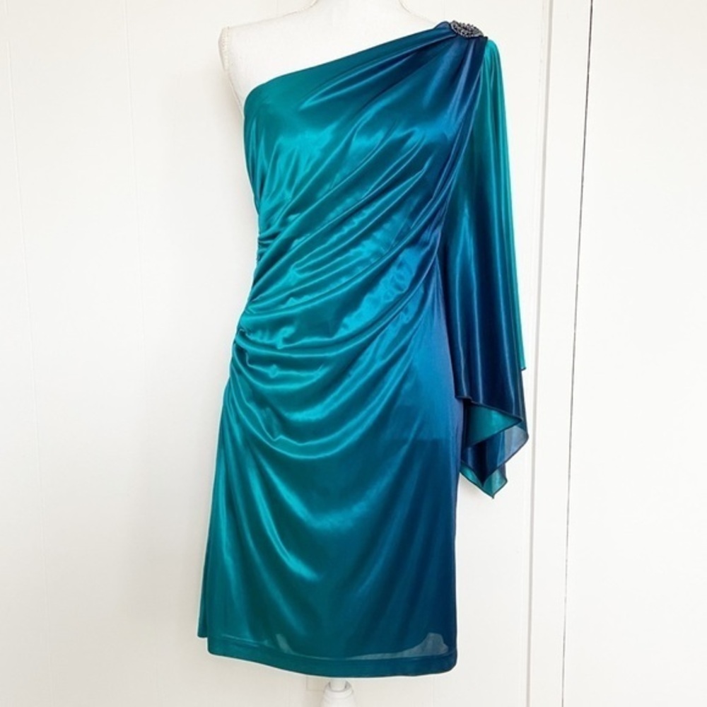 Hailey Adrianne Papell Peacock blue Iridescent one‎ draped sleeve beaded dress 4